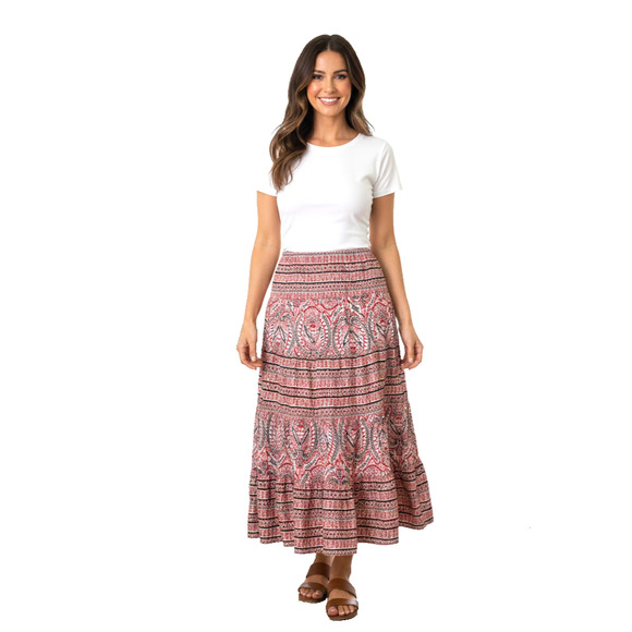 Chaps by Ralph Lauren Paisley Skirt Tiered Lined 100% Cotton Black Red Midi 12P - Picture 2 of 7